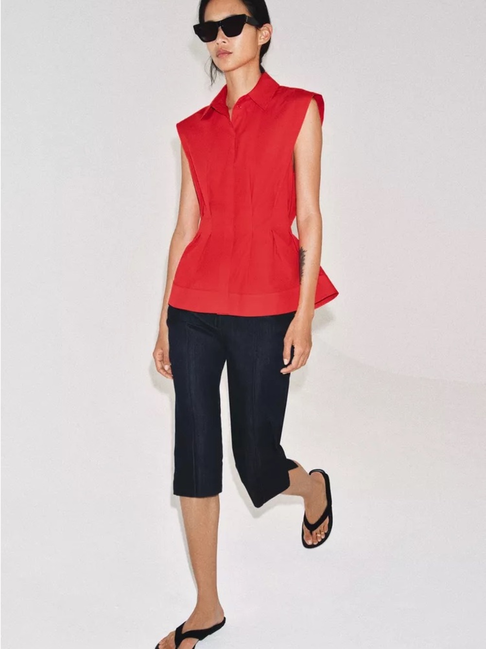 Zara Red Sleeveless Structured Peplum Blouse